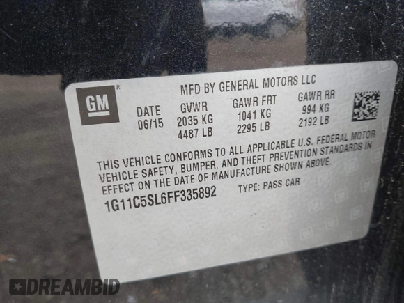 2015 Chevrolet Malibu LT with VIN 1G11C5SL6FF335892, listed as a IAAI auction lot 42188358 with 111,819 mi miles and . Bid and sale history available at DreamBid. Image 9.