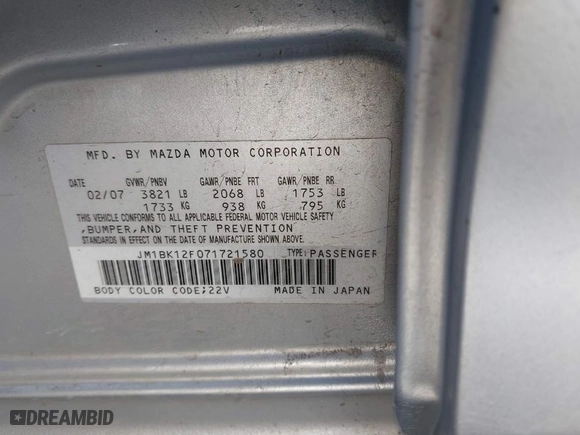 2007 Mazda Mazda3 i Sport with VIN JM1BK12F071721580, listed as a IAAI auction lot 42018938 with 141,801 mi miles. Bid and sale history available at carsss.com. Image 9.
