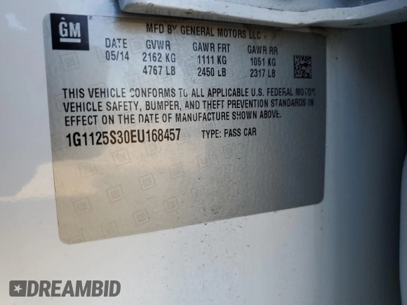 2014 Chevrolet Impala LT with VIN 1G1125S30EU168457, listed as a Copart auction lot 48887085 with 95,124 mi miles and Salvage Title. Bid and sale history available at DreamBid. Image 12.