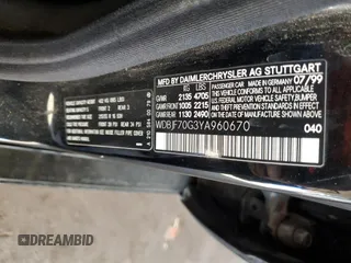 2000 Mercedes-Benz E with VIN WDBJF70G3YA960670, listed as a Copart auction lot 85757784 with Not Provided miles and Salvage Title. Bid and sale history available at DreamBid. Image 13.