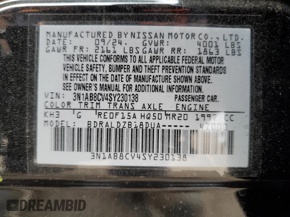 2025 Nissan Sentra SV with VIN 3N1AB8CV4SY230138, listed as a Copart auction lot 47992355 with 1,878 mi miles and Salvage Title. Bid and sale history available at carsss.com. Image 14.
