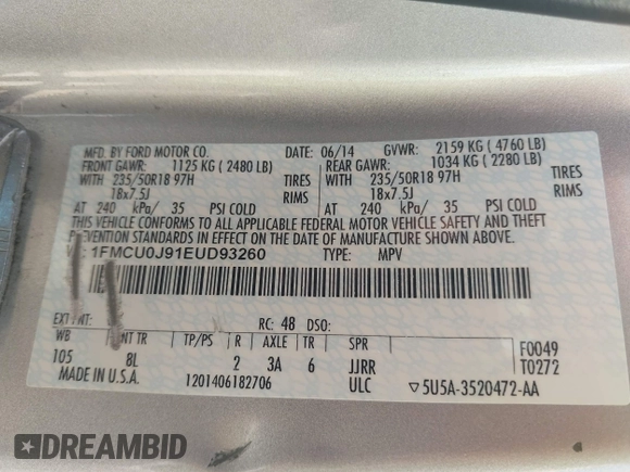 2014 Ford Escape Titanium с VIN 1FMCU0J91EUD93260, выставлен на аукционе IAAI как лот 42495051 с пробегом 97 164 миль миль и . История ставок и продаж доступна на DreamBid. Изображение 9.