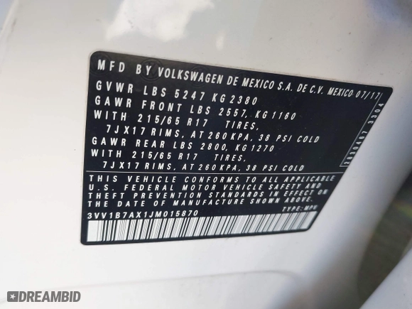 2018 Volkswagen Tiguan S with VIN 3VV1B7AX1JM015870, listed as a IAAI auction lot 41632032 with 82,578 mi miles. Bid and sale history available at carsss.com. Image 9.