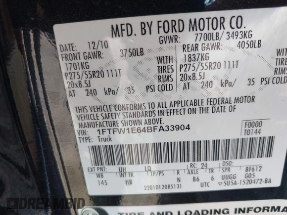 2011 Ford F-150 Lariat with VIN 1FTFW1E64BFA33904, listed as a IAAI auction lot 41665400 with 122,139 mi miles. Bid and sale history available at carsss.com. Image 9.