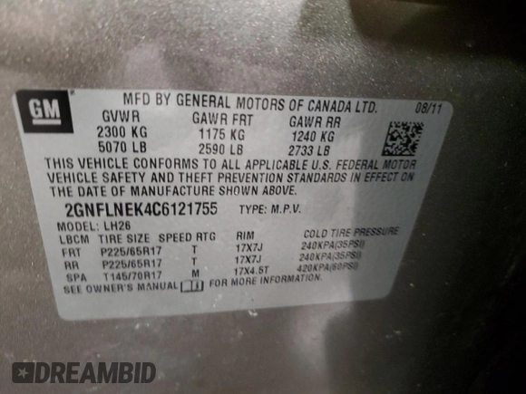 2012 Chevrolet Equinox LT w/2LT with VIN 2GNFLNEK4C6121755, listed as a Copart auction lot 49763775 with 146,523 mi miles and Salvage Title. Bid and sale history available at carsss.com. Image 15.