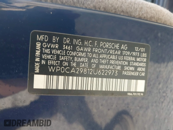 2002 Porsche Boxster with VIN WP0CA29812U622973, listed as a IAAI auction lot 42104707 with 56,744 mi miles and . Bid and sale history available at DreamBid. Image 9.