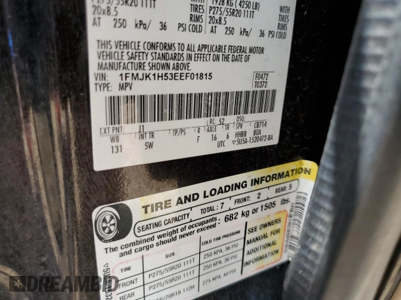 2014 Ford Expedition Max XLT with VIN 1FMJK1H53EEF01815, listed as a Copart auction lot 56656215 with Not provided miles and Salvage title. Bid and sale history available at DreamBid. Image 14.