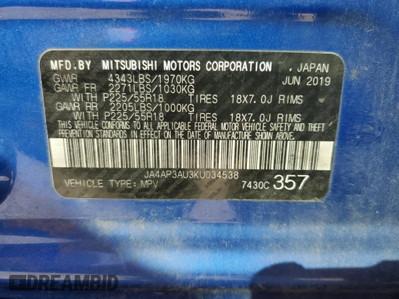 2019 Mitsubishi Outlander Sport ES 2.0 with VIN JA4AP3AU3KU034538, listed as a Copart auction lot 49486545 with 130,099 mi miles and Salvage Title. Bid and sale history available at carsss.com. Image 14.