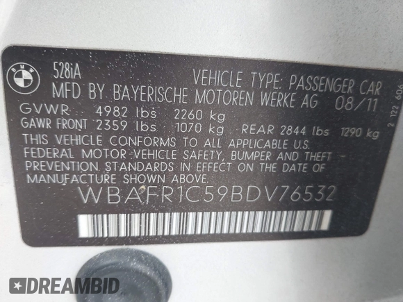 2011 BMW 5 Series 528i with VIN WBAFR1C59BDV76532, listed as a IAAI auction lot 41976374 with 135,732 mi miles and . Bid and sale history available at carsss.com. Image 9.