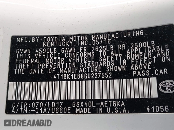 2016 Toyota Avalon Limited with VIN 4T1BK1EB8GU227552, listed as a IAAI auction lot 41857342 with 164,546 mi miles and . Bid and sale history available at carsss.com. Image 9.