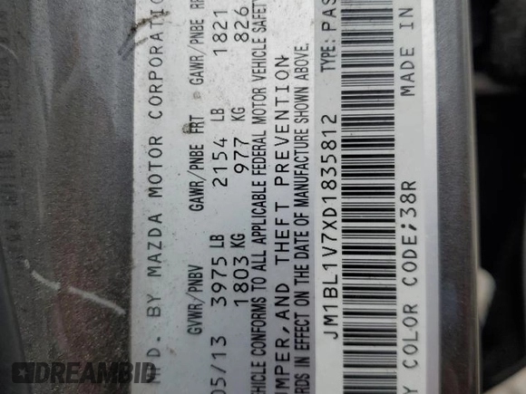 2013 Mazda 3 i Touring with VIN JM1BL1V7XD1835812, listed as a Copart auction lot 51636365 with 147,581 mi miles and Salvage title. Bid and sale history available at DreamBid. Image 12.