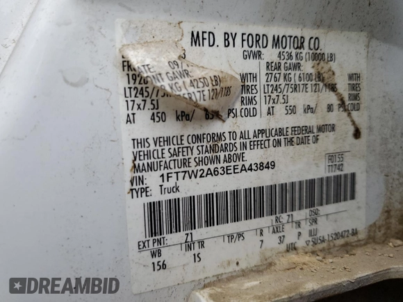 2014 Ford F-250 XL with VIN 1FT7W2A63EEA43849, listed as a Copart auction lot 54693055 with 198,158 mi miles and Clean title. Bid and sale history available at DreamBid. Image 12.