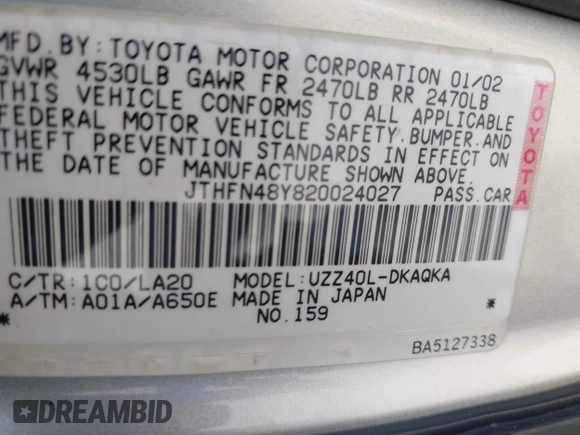 2002 Lexus SC 430 с VIN JTHFN48Y820024027, выставлен на аукционе IAAI как лот 42289137 с пробегом 146 635 миль миль и . История ставок и продаж доступна на DreamBid. Изображение 9.