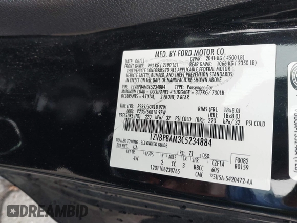 2012 Ford Mustang Premium with VIN 1ZVBP8AM3C5234884, listed as a IAAI auction lot 41880779 with 149,758 mi miles and . Bid and sale history available at DreamBid. Image 9.