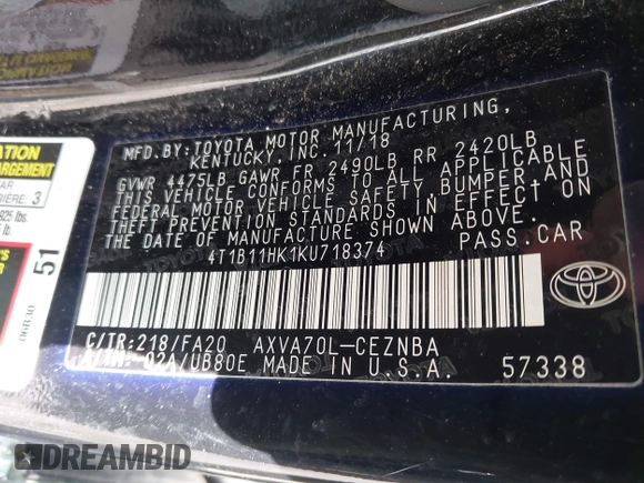 2019 Toyota Camry LE with VIN 4T1B11HK1KU718374, listed as a IAAI auction lot 42071905 with 86,460 mi miles and . Bid and sale history available at DreamBid. Image 9.