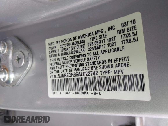 2010 Honda CR-V LX with VIN 5J6RE3H35AL022742, listed as a IAAI auction lot 42504890 with 68,179 mi miles and . Bid and sale history available at DreamBid. Image 9.