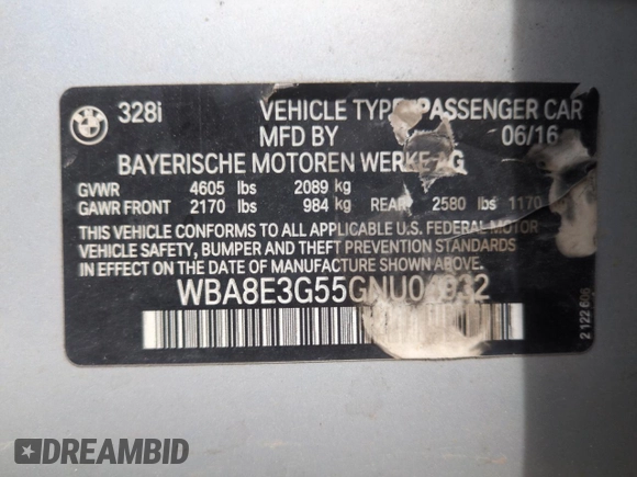 2016 BMW 3 Series 328i xDrive с VIN WBA8E3G55GNU04932, выставлен на аукционе Copart как лот 62412935 с пробегом 151 989 миль миль и Списание • Salvage title. История ставок и продаж доступна на DreamBid. Изображение 13.