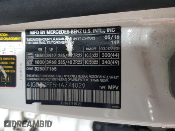 2017 Mercedes-Benz GLS 63 AMG with VIN 4JGDF7FE5HA774029, listed as a Copart auction lot 54489415 with Not Provided miles and Clean Title. Bid and sale history available at DreamBid. Image 13.