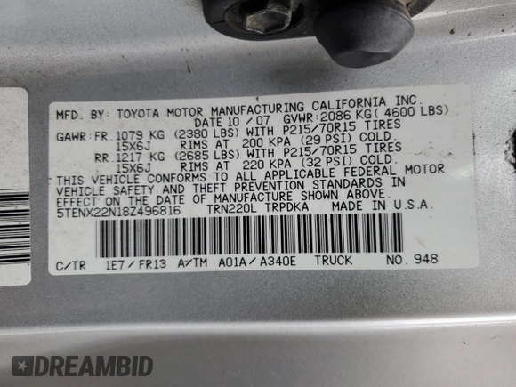 2008 Toyota Tacoma с VIN 5TENX22N18Z496816, выставлен на аукционе Copart как лот 87028244 с пробегом 107 870 миль миль и Чистый • Clean title. История ставок и продаж доступна на DreamBid. Изображение 12.