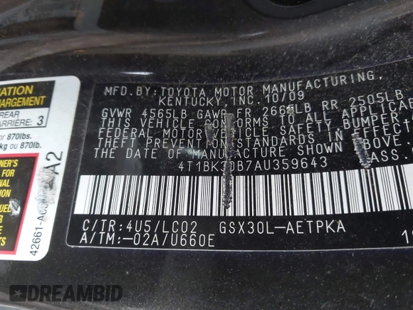 2010 Toyota Avalon XL with VIN 4T1BK3DB7AU359643, listed as a IAAI auction lot 41561066 with 171,526 mi miles and . Bid and sale history available at carsss.com. Image 9.