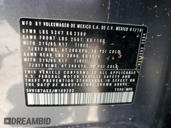2018 Volkswagen Tiguan S z VIN 3VV1B7AXXJM109293, wystawiony jako Copart lot #55802845 z przebiegiem 49 821 mil mil oraz Szkoda całkowita • Salvage title. Historia ofert i sprzedaży dostępna na DreamBid. Obrazek 14.