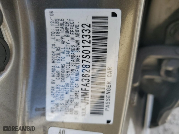 2007 Honda Civic Hybrid with VIN JHMFA36287S012332, listed as a Copart auction lot 48312235 with 215,497 mi miles and Salvage Title. Bid and sale history available at carsss.com. Image 14.