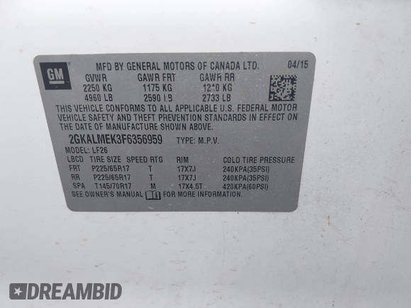 2015 GMC Terrain SLE with VIN 2GKALMEK3F6356959, listed as a IAAI auction lot 42116926 with 108,901 mi miles and . Bid and sale history available at DreamBid. Image 9.