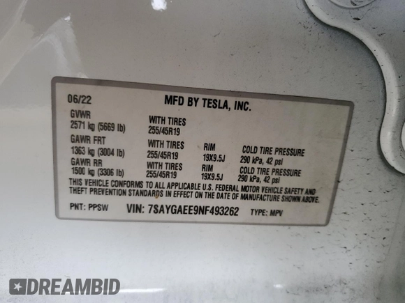 2022 Tesla Model Y Long Range z VIN 7SAYGAEE9NF493262, wystawiony jako Copart lot #52975005 z przebiegiem 63 189 mil mil oraz Szkoda całkowita • Salvage title. Historia ofert i sprzedaży dostępna na DreamBid. Obrazek 14.