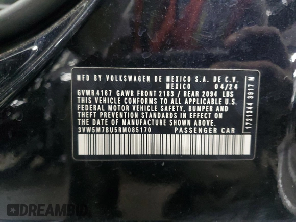 2024 Volkswagen Jetta S with VIN 3VW5M7BU5RM085170, listed as a Copart auction lot 61955735 with 23,150 mi miles and Clean title. Bid and sale history available at DreamBid. Image 13.