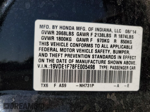 2015 Acura ILX Technology with VIN 19VDE1F78FE005498, listed as a Copart auction lot 61489955 with 145,256 mi miles and Salvage title. Bid and sale history available at DreamBid. Image 13.