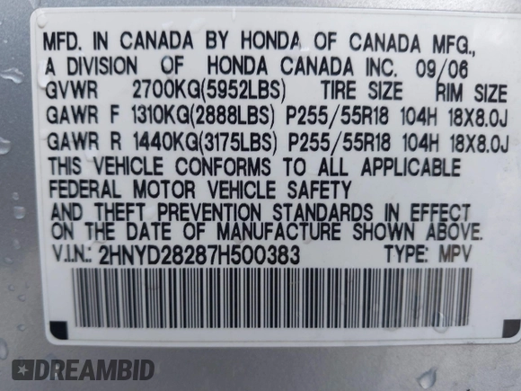 2007 Acura MDX with VIN 2HNYD28287H500383, listed as a IAAI auction lot 41443014 with 97,936 mi miles. Bid and sale history available at carsss.com. Image 9.