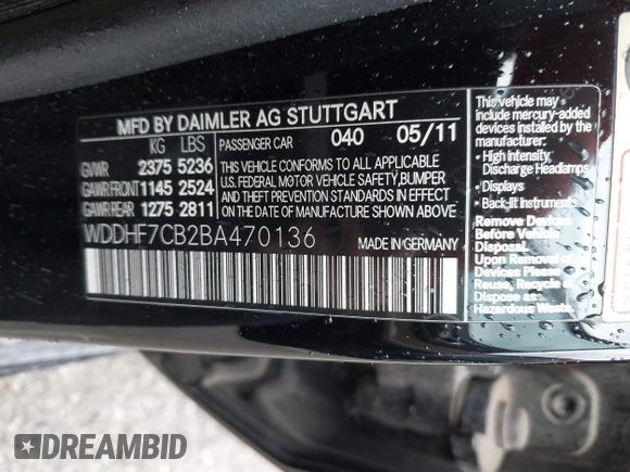 2011 Mercedes-Benz E 550 Luxury with VIN WDDHF7CB2BA470136, listed as a IAAI auction lot 42185104 with 310,892 mi miles and . Bid and sale history available at DreamBid. Image 9.