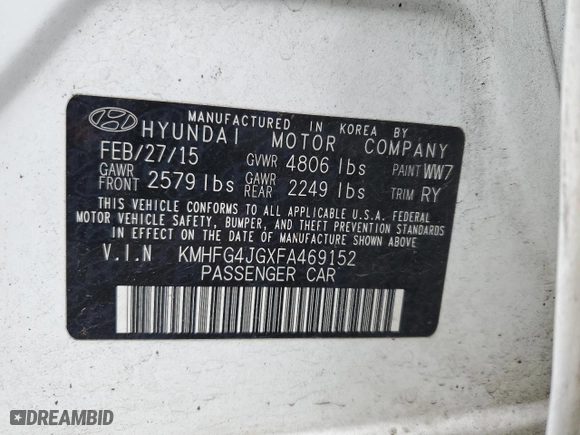 2015 Hyundai Azera with VIN KMHFG4JGXFA469152, listed as a Copart auction lot 43204565 with 139,384 mi miles and Salvage Title. Bid and sale history available at carsss.com. Image 12.