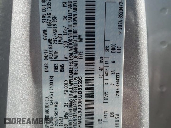 2019 Ford Escape Titanium с VIN 1FMCU9J90KUB85595, выставлен на аукционе Copart как лот 57410045 с пробегом 47 995 миль миль и Списание • Salvage title. История ставок и продаж доступна на DreamBid. Изображение 13.