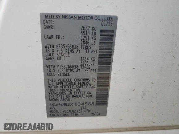 2013 Nissan Pathfinder SL with VIN 5N1AR2MN1DC634588, listed as a Copart auction lot 52020595 with 233,249 mi miles and Salvage Title. Bid and sale history available at carsss.com. Image 15.