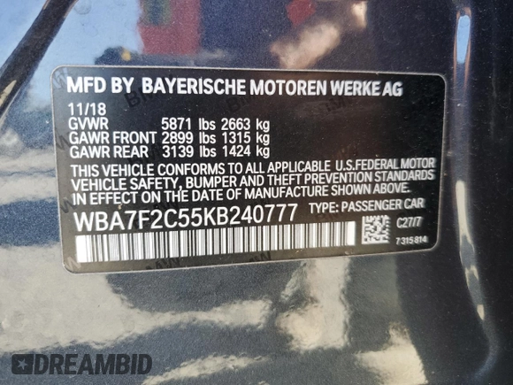 2019 BMW 7 Series 750i xDrive with VIN WBA7F2C55KB240777, listed as a Copart auction lot 76840504 with 38,250 mi miles and Salvage title. Bid and sale history available at DreamBid. Image 12.