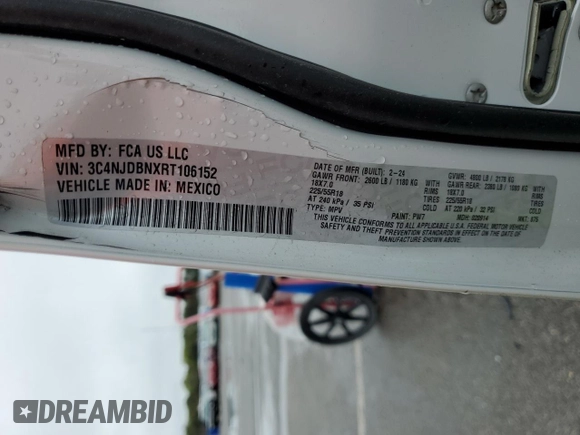 2024 Jeep Compass Latitude с VIN 3C4NJDBNXRT106152, выставлен на аукционе Copart как лот 55049335 с пробегом 4 944 миль миль и Списание • Salvage title. История ставок и продаж доступна на DreamBid. Изображение 13.