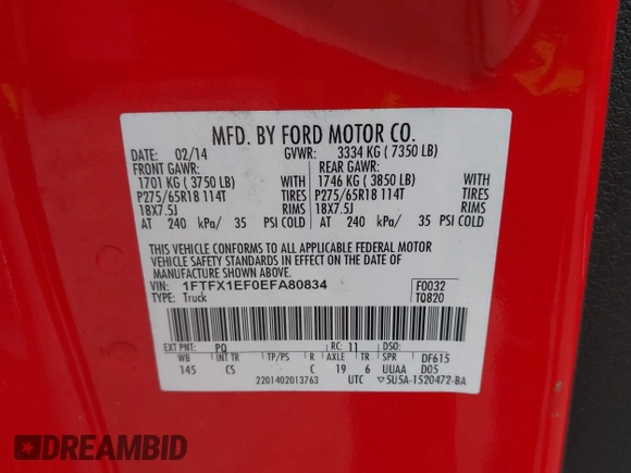 2014 Ford F-150 XL with VIN 1FTFX1EF0EFA80834, listed as a IAAI auction lot 41717091 with 167,706 mi miles and . Bid and sale history available at DreamBid. Image 9.