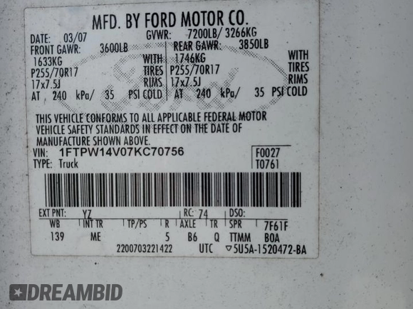 2007 Ford F-150 XLT with VIN 1FTPW14V07KC70756, listed as a Copart auction lot 57842875 with 188,998 mi miles and Clean title. Bid and sale history available at DreamBid. Image 12.