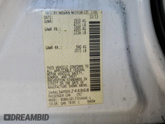 2014 Nissan Altima S with VIN 1N4AL3AP0EN244868, listed as a Copart auction lot 49210475 with 164,353 mi miles and Clean Title. Bid and sale history available at DreamBid. Image 13.