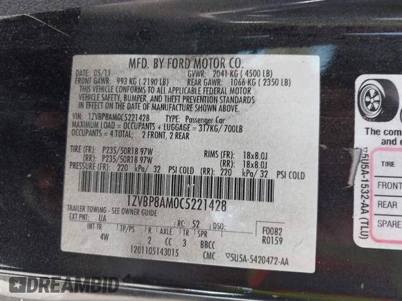 2012 Ford Mustang Premium with VIN 1ZVBP8AM0C5221428, listed as a IAAI auction lot 42273202 with 196,402 mi miles and . Bid and sale history available at DreamBid. Image 9.