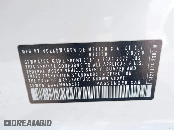 2020 Volkswagen Jetta S z VIN 3VWCB7BU4LM059258, wystawiony jako IAAI lot #42131824 z przebiegiem 64 724 mil mil oraz . Historia ofert i sprzedaży dostępna na DreamBid. Obrazek 9.