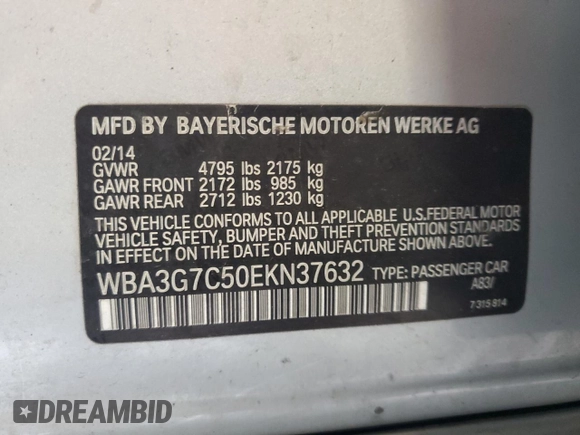 2014 BMW 3 Series 328i xDrive with VIN WBA3G7C50EKN37632, listed as a Copart auction lot 54827855 with 169,008 mi miles and Clean title. Bid and sale history available at DreamBid. Image 12.