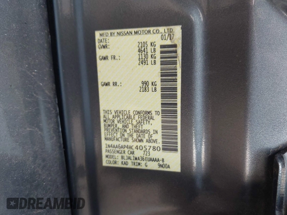 2017 Nissan Maxima SR with VIN 1N4AA6AP4HC405780, listed as a IAAI auction lot 42371633 with 161,502 mi miles and . Bid and sale history available at DreamBid. Image 9.