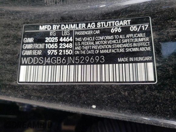 2018 Mercedes-Benz CLA with VIN WDDSJ4GB6JN529693, listed as a Copart auction lot 43001223 with 85,582 mi miles. Bid and sale history available at carsss.com. Image 12.