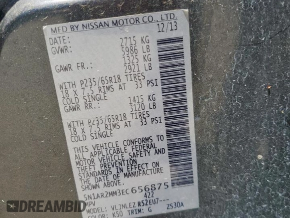 2014 Nissan Pathfinder S z VIN 5N1AR2MM3EC656875, wystawiony jako Copart lot #57664735 z przebiegiem 219 113 mil mil oraz Szkoda całkowita • Salvage title. Historia ofert i sprzedaży dostępna na DreamBid. Obrazek 13.