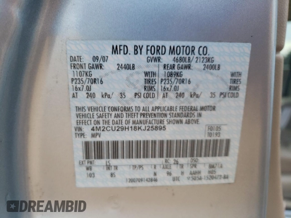2008 Mercury Mariner with VIN 4M2CU29H18KJ25895, listed as a Copart auction lot 81350834 with 199,971 mi miles and Salvage Title. Bid and sale history available at carsss.com. Image 13.