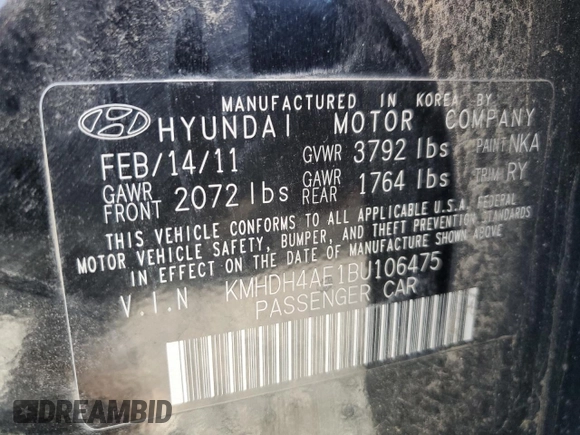 2011 Hyundai Elantra Limited z VIN KMHDH4AE1BU106475, wystawiony jako Copart lot #50752615 z przebiegiem 141 895 mil mil oraz Szkoda całkowita • Salvage title. Historia ofert i sprzedaży dostępna na DreamBid. Obrazek 13.