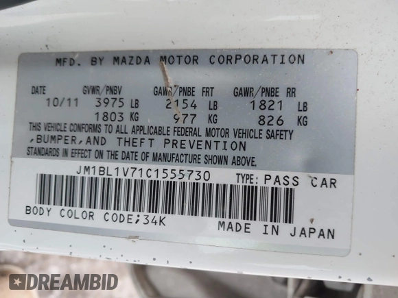 2012 Mazda 3 i Touring with VIN JM1BL1V71C1555730, listed as a IAAI auction lot 41613565 with 83,607 mi miles and . Bid and sale history available at DreamBid. Image 9.