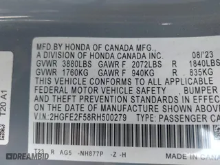 2024 Honda Civic Sedan Sport with VIN 2HGFE2F58RH500279, listed as a IAAI auction lot 41967079 with 29,855 mi miles. Bid and sale history available at carsss.com. Image 9.